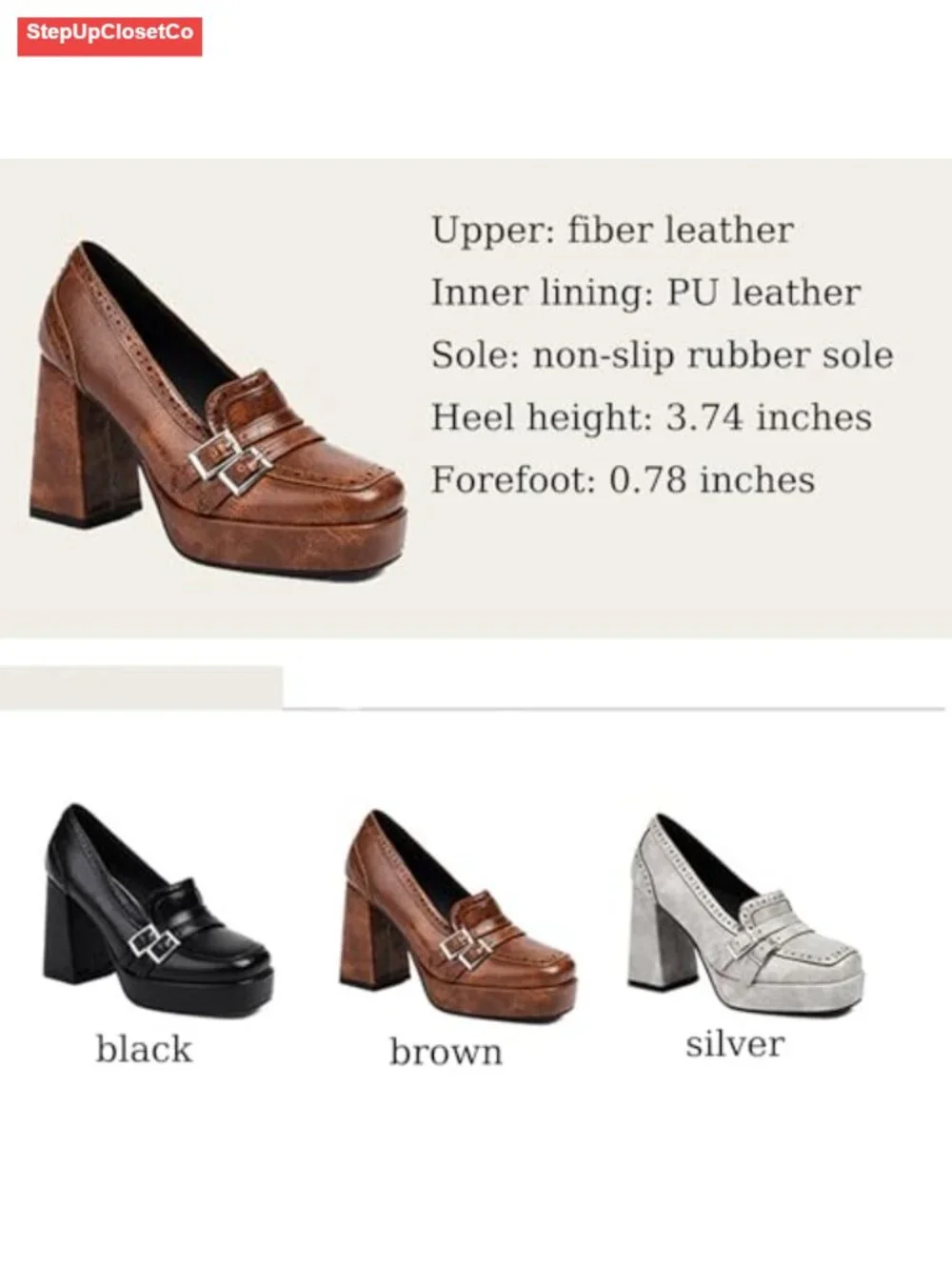 Retro Square Toe Chunky High Heel Brogue Loafers Comfortable Slip On Platform